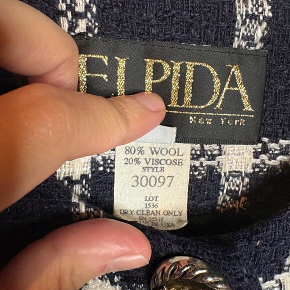 Vintage ELPIDA navy blue and white window pane grid wool blend blazer jacket - Picture 5 of 6